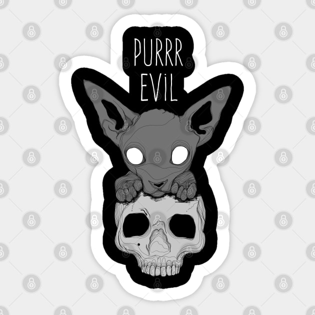 Pure Evil cat on Skull Sticker by Jess Adams